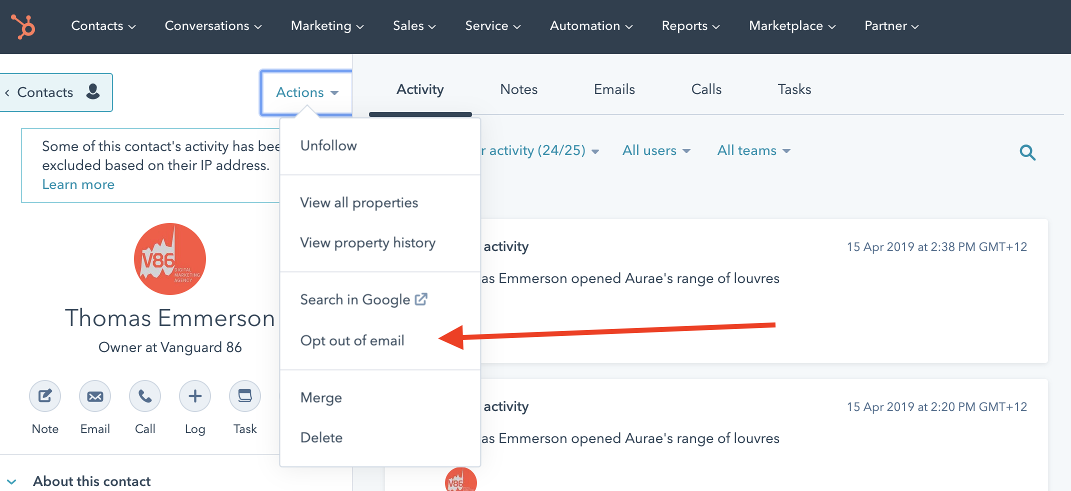 This image shows how easy it is to opt someone out of an email in HubSpot